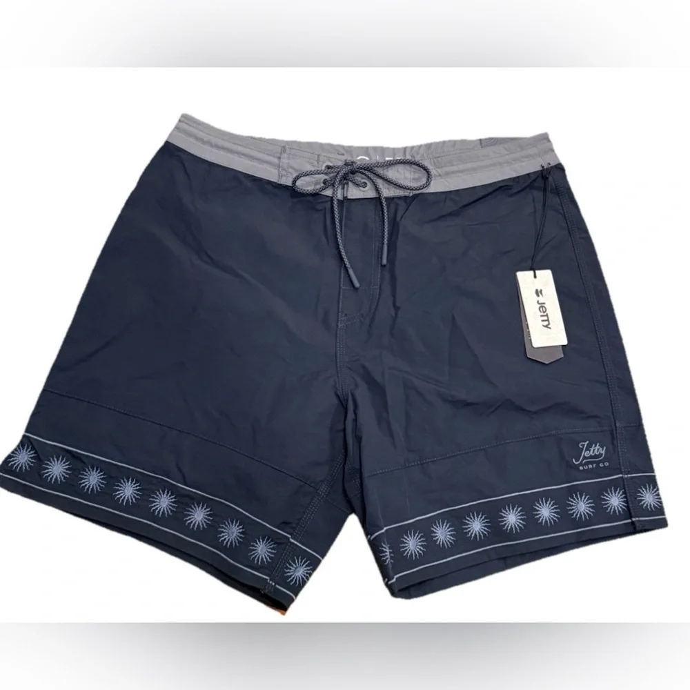 NWT Jetty Surf Co Glendola Navy Boardshorts Embroidered 7